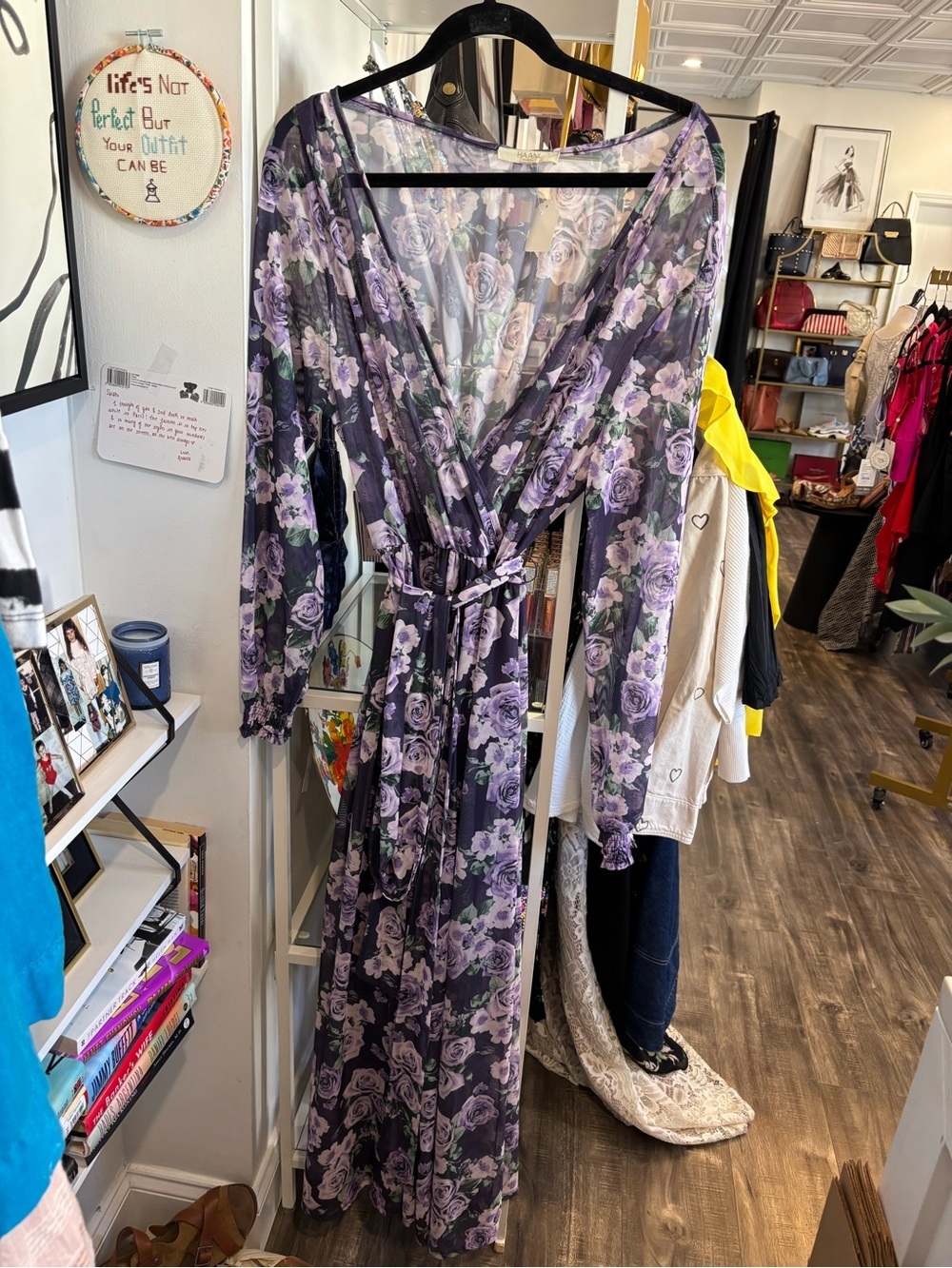 Haani Sheer Floral Wrap Dress in Purple and Black